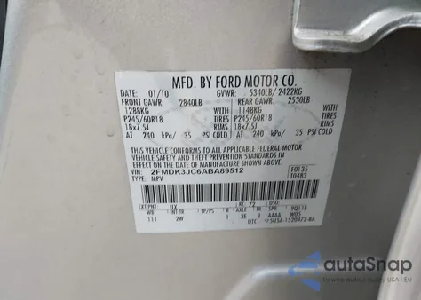 2010 Ford Edge Sel z USA, uszkodzony, nr VIN 2FMDK3JC6ABA89512